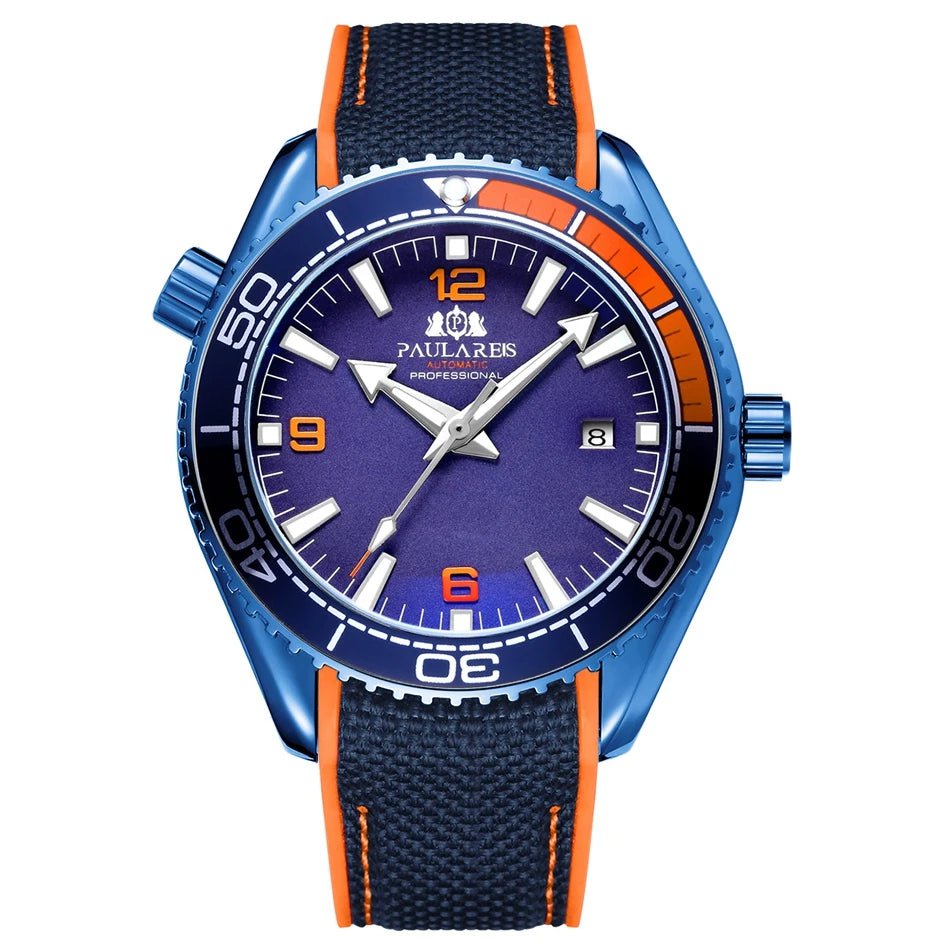 Storazone Blue Orange Men Automatic Self Wind Mechanical Canvas Rubber Strap Orange Blue Red Luxury Watch