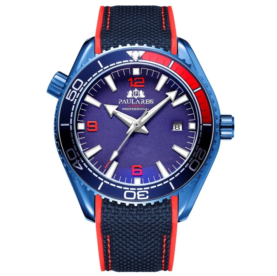 Storazone Blue Red Men Automatic Self Wind Mechanical Canvas Rubber Strap Orange Blue Red Luxury Watch