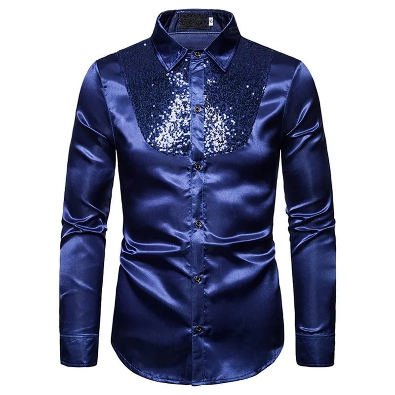 Storazone Blue / S / Pack of 1 2022 New Men's Shirt Sequined Performance Nightclub Men's Host MC Men's Lapel Long Sleeve Solid Color Shirt Mens Dress Shirts