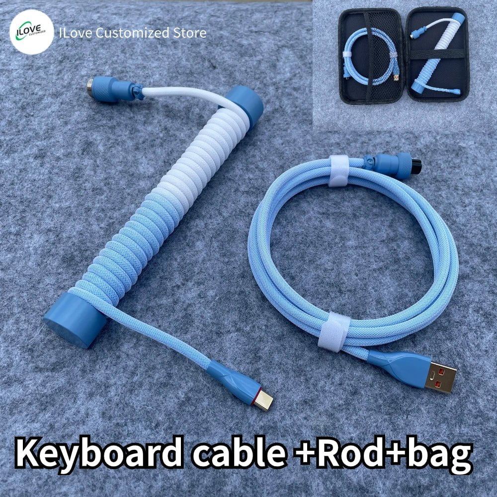 Storazone blue white / 1.8m Coiled Keyboard Cable USB C for Mechanical Gaming Keyboard Double-Sleeved Wire with Detachable Metal Aviator Connector Charging