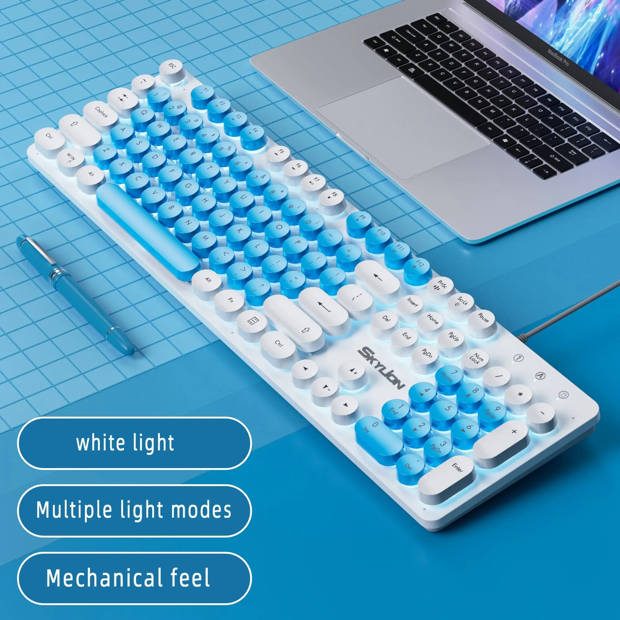 Storazone blue-white SKYLION H300 Wired 104 Keys Membrane Keyboard Many Kinds of Colorful Lighting Gaming and Office For Windows and IOS System