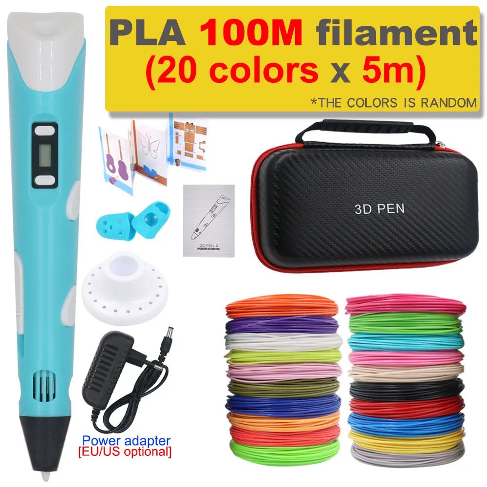 Storazone Blue with 100M PLA / us 3D Pen 3D Printing Pen DIY Drawing Pen 200M PLA Filament Kids Birthday Kids Christmas Gift with Power Adapter Travel Storage Box