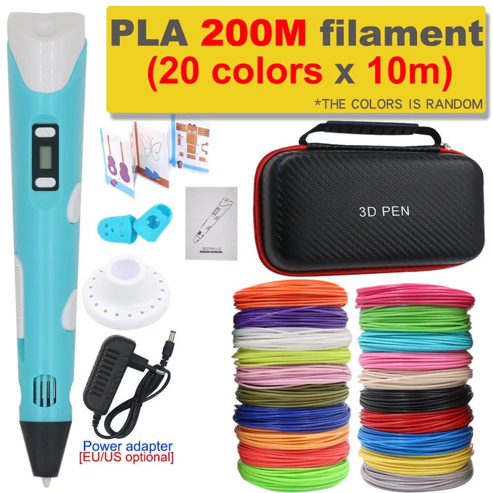 Storazone Blue with 200M PLA / us 3D Pen 3D Printing Pen DIY Drawing Pen 200M PLA Filament Kids Birthday Kids Christmas Gift with Power Adapter Travel Storage Box