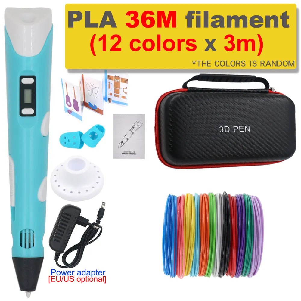 Storazone Blue with 36M PLA / us 3D Pen 3D Printing Pen DIY Drawing Pen 200M PLA Filament Kids Birthday Kids Christmas Gift with Power Adapter Travel Storage Box