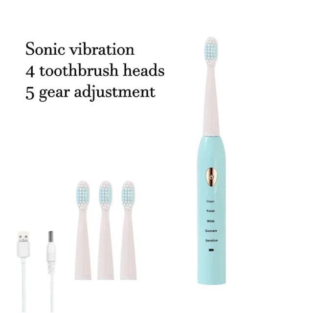 Storazone Blue with 4 Brush / CHINA Ultrasonic Sonic Electric Toothbrush For Adult Rechargeable Tooth Brushes Washable Electronic Whitening Teeth Brush Timer Brush