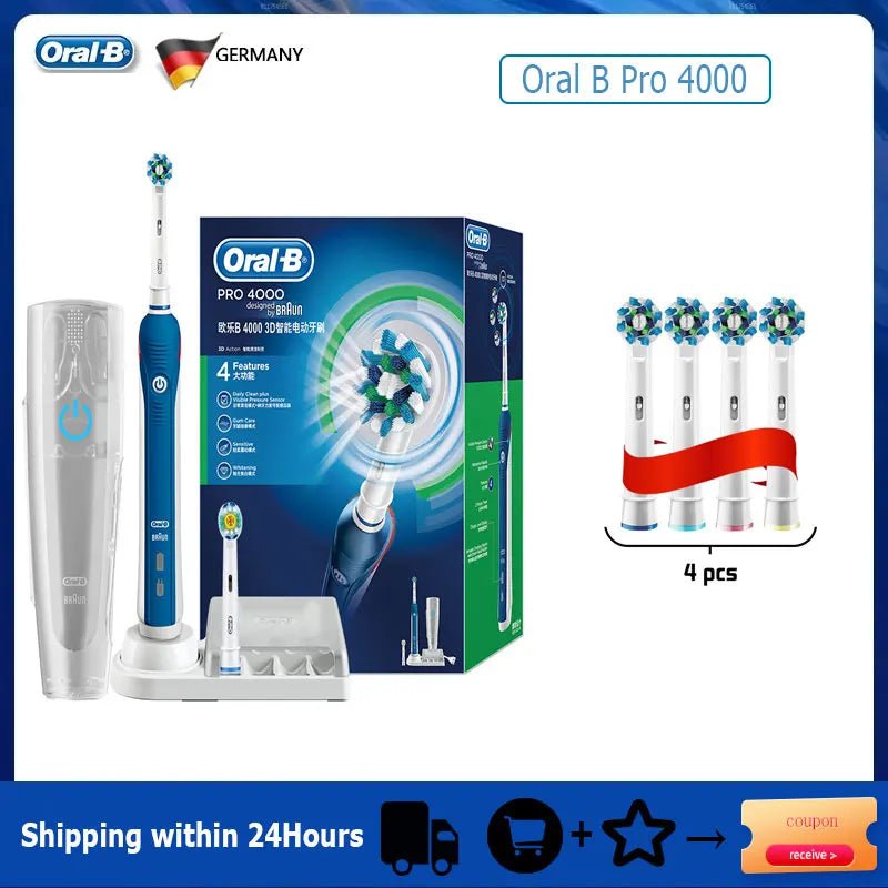 Storazone Blue with 4H 1 Oral B Electric Toothbrush Pro 4000 3D Action Daily Clean Teeth Visible Pressure Sensor 4 Modes Gum Cares Waterproof Rechargeabl