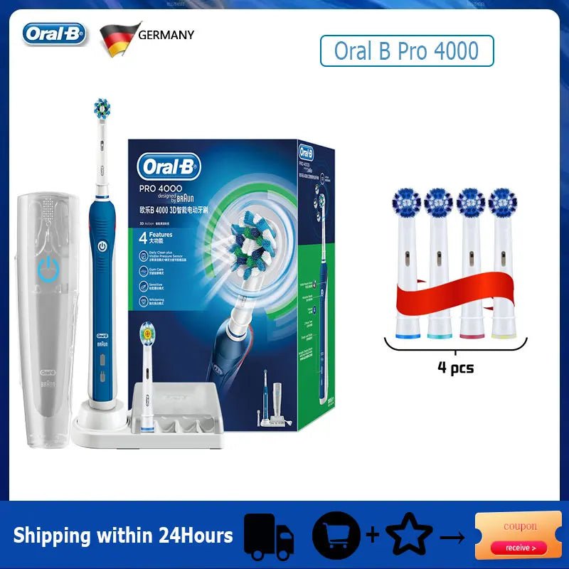 Storazone Blue with 4H Oral B Electric Toothbrush Pro 4000 3D Action Daily Clean Teeth Visible Pressure Sensor 4 Modes Gum Cares Waterproof Rechargeabl