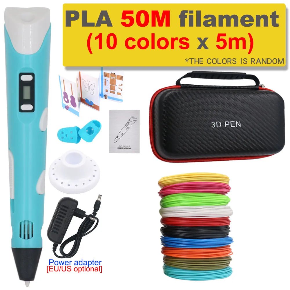 Storazone Blue with 50M PLA / us 3D Pen 3D Printing Pen DIY Drawing Pen 200M PLA Filament Kids Birthday Kids Christmas Gift with Power Adapter Travel Storage Box