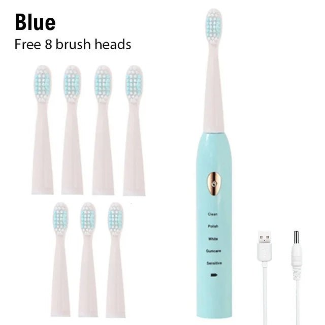 Storazone Blue with 8 Brush / CHINA Ultrasonic Sonic Electric Toothbrush For Adult Rechargeable Tooth Brushes Washable Electronic Whitening Teeth Brush Timer Brush