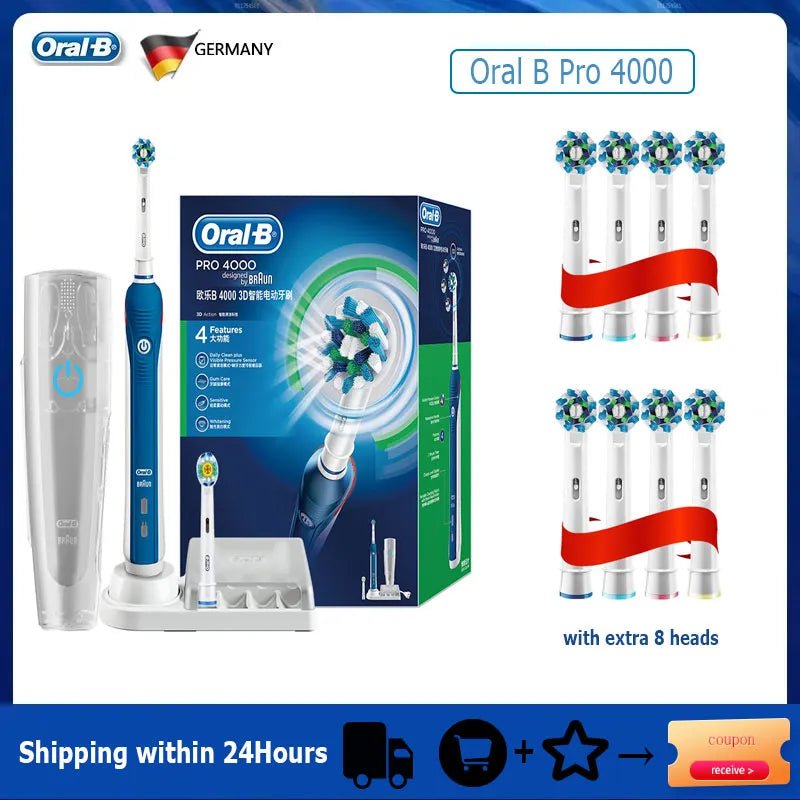 Storazone Blue with 8H Oral B Electric Toothbrush Pro 4000 3D Action Daily Clean Teeth Visible Pressure Sensor 4 Modes Gum Cares Waterproof Rechargeabl