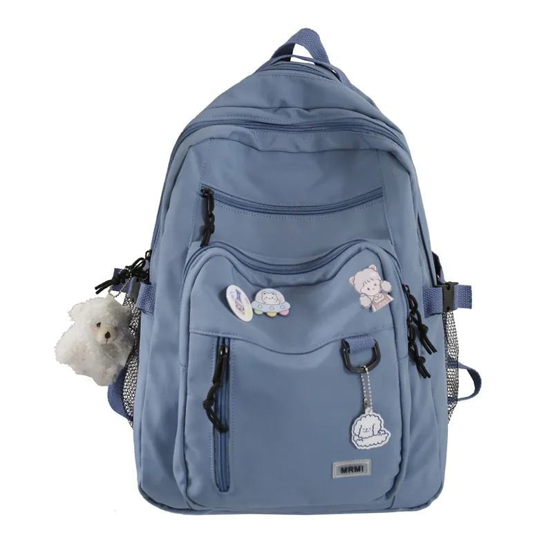 Storazone Blue With bear doll Fashion Big Student Backpack NEW Badge Rucksack Girls School Bag High Capacity Women Backpack Female Cute Leisure Travel Mochila