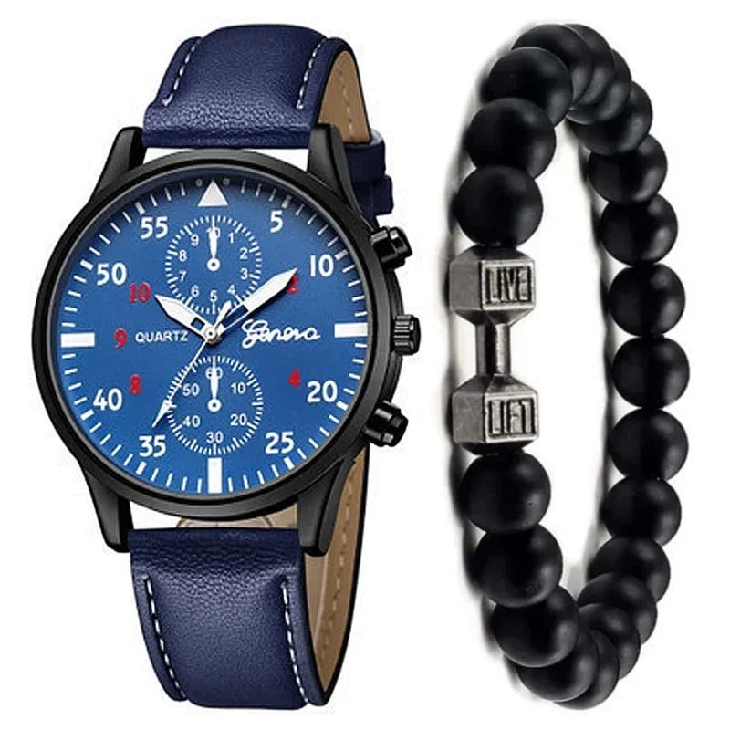 Storazone Blue with Bracelet 4/2/1pcs Men Sports Watches Set Man Business Quartz Wristwatch Luxury Brown Leather Bracelet Men Casual Clock Watch（no Box）