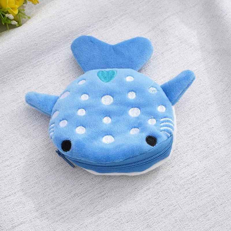 Storazone Blue Women Plush Shark Coin Purse Cartoon Cute Coin Purse Zip Plush Three-dimensional Coin Purse Headphone Bag Wallet Key Holder