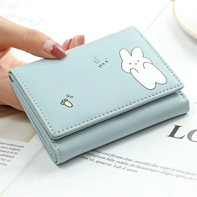 Storazone Blue Women Short Cute Small Wallets Student Triple Fold Card Holder Girl ID Bag Card Holder Coin Purse Ladies Wallets Cartoon Bags