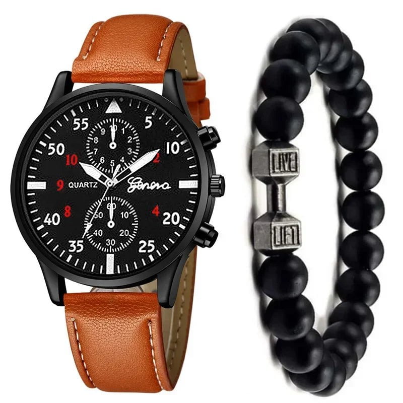 Storazone BNBK with Bracelet 4/2/1pcs Men Sports Watches Set Man Business Quartz Wristwatch Luxury Brown Leather Bracelet Men Casual Clock Watch（no Box）