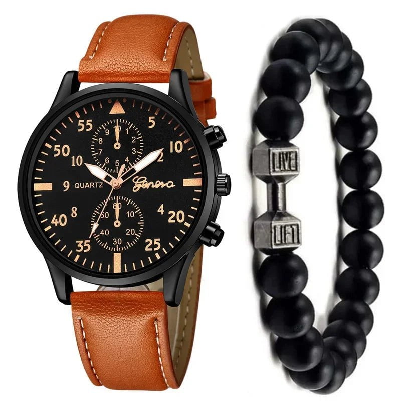 Storazone BNRGD with Bracelet 4/2/1pcs Men Sports Watches Set Man Business Quartz Wristwatch Luxury Brown Leather Bracelet Men Casual Clock Watch（no Box）