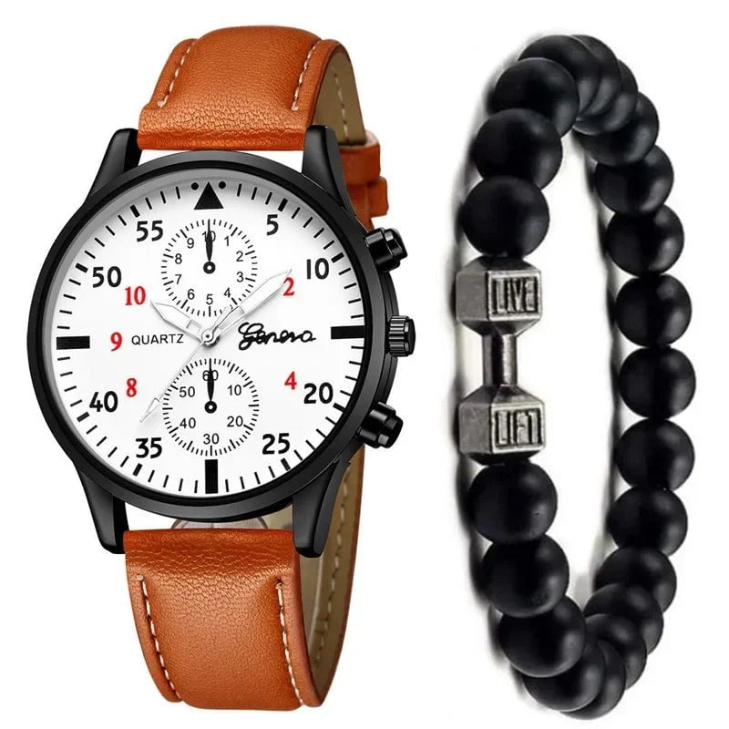 Storazone BNWT with Bracelet 4/2/1pcs Men Sports Watches Set Man Business Quartz Wristwatch Luxury Brown Leather Bracelet Men Casual Clock Watch（no Box）