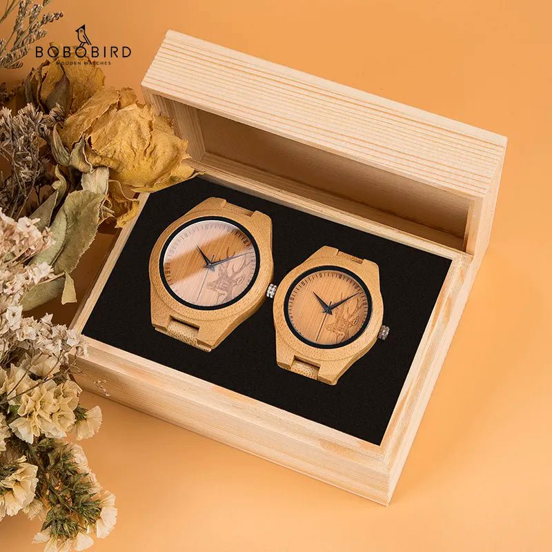 Storazone BOBOB BIRD Couple Watch Wood Men Women Wristwatch Customized Lovers Watches Anniversary Gifts in Wooden Gift Box