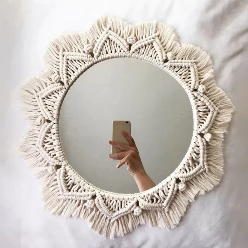 Storazone Boho Macrame Round Mirror Decorative Mirrors Aesthetic Room Decor Hanging Wall Mirror for Bedroom Living Room House Decoration