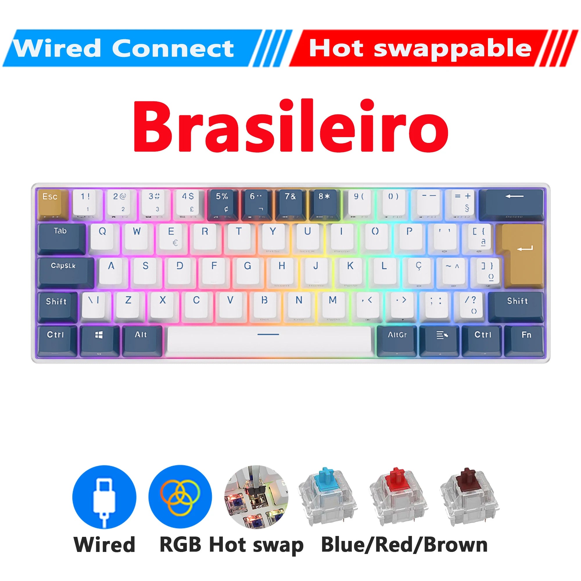 Storazone Brazilian Wired / Blue Switch / CHINA RK61 Royal Kludge Wireless Mechanical Keyboard Tri-Mode Bluetooth 5.0/2.4G/USB-C RGB Backlit 61 Key Hot-Swappable Gamer Keyboard