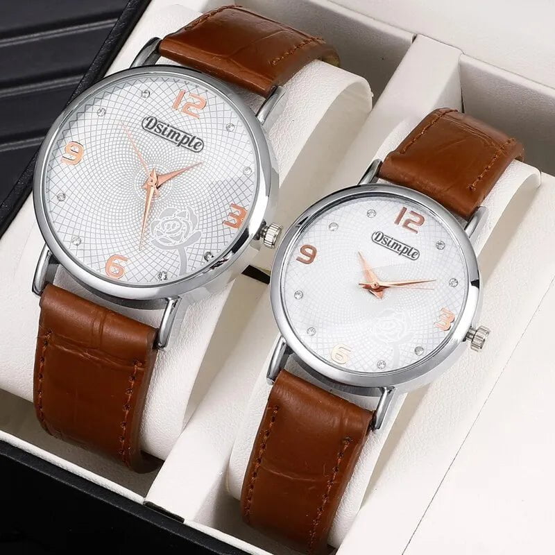 Storazone Brown 2PCS Fashion Couple Set Watches Luxury Men Women Business Casual Leather Quartz Watch Simple Brown Wristwatch Reloj Mujer