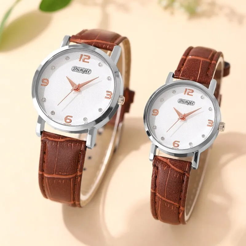 Storazone Brown 2PCS Fashion Couple Set Watches Luxury Men Women Business Casual Leather Quartz Watch Simple Brown Wristwatch Reloj Mujer