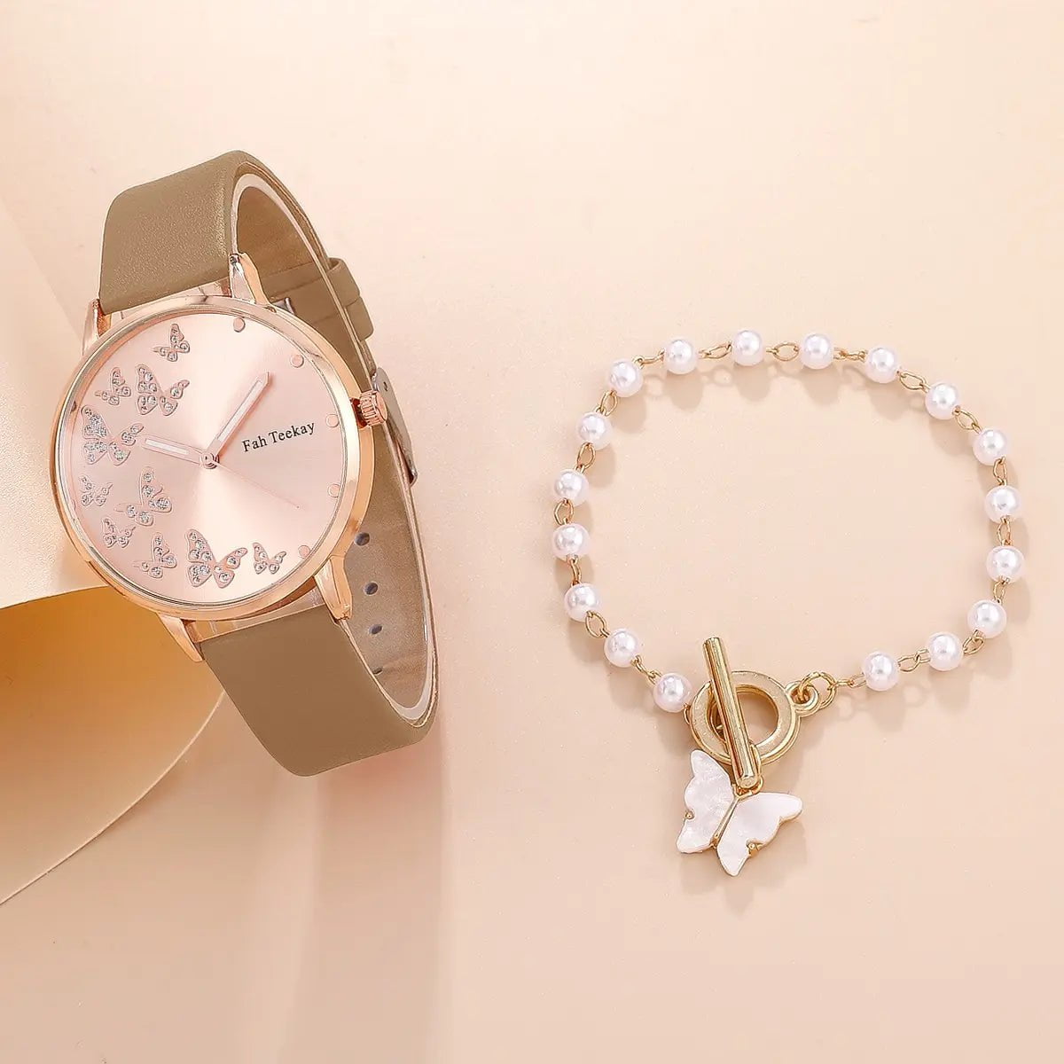 Storazone Brown 2pcs Set Womens Butterfly Watches Ladies Fashion Watch New Simple Casual Women Analog WristWatch Bracelet Gift