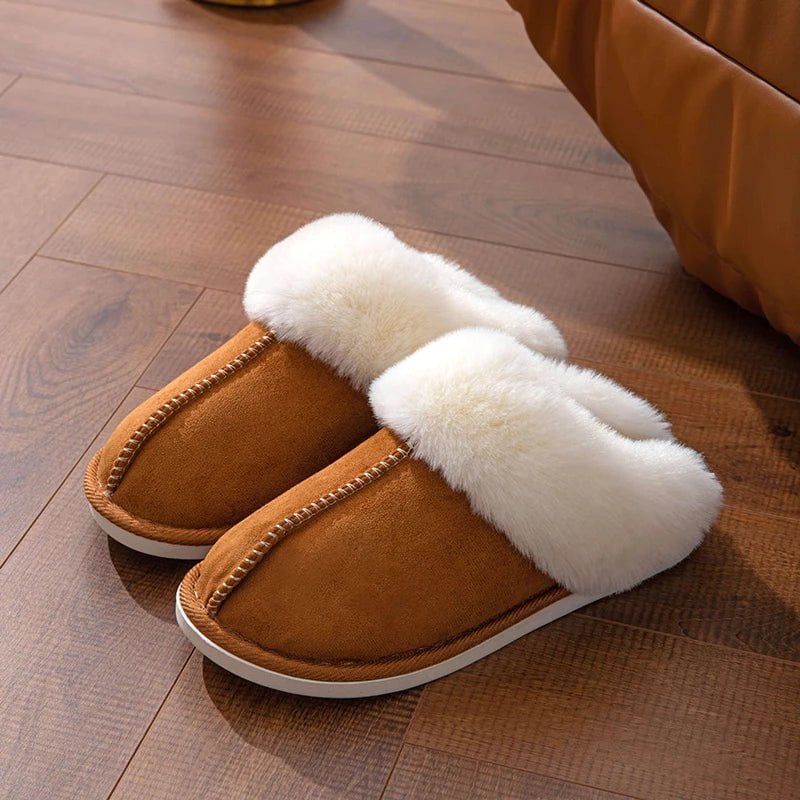Storazone Brown / 36-37(fit 35-36) 2023 Winter Warm Flat Fur Slippers Women Faux Suede Fluffy Furry Home Slides Woman Comfort Non Slip Indoor Floor Cotton Shoes
