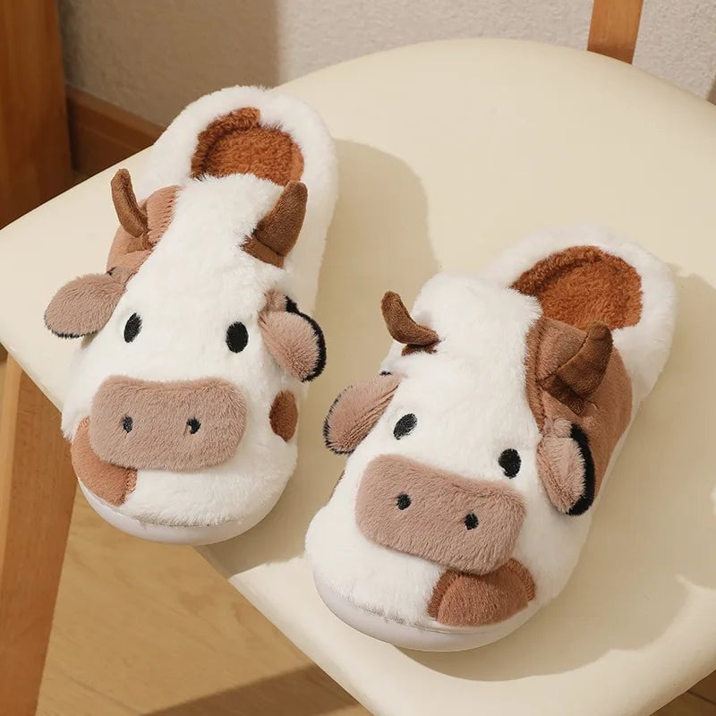 Storazone brown / 36-37(fit35-36) Winter Unisex Cute Cartoon Cow Warm Plush Slippers Couple's Indoor Non-slip House Slides Men Women Toe Wrap Home Cotton Shoes