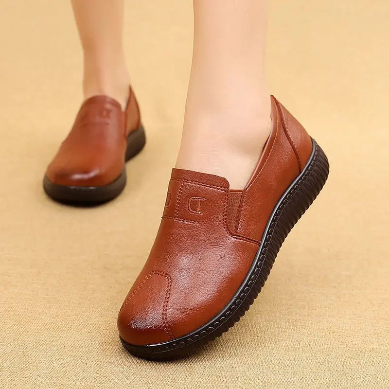 Storazone Brown / 4.5 / CN Moccasins Mom Flats Shoes Soft Sole Loafers Round Toe ShoesNew Spring and Autumn Flat Sole Non slip Female Casual Leather Shoes