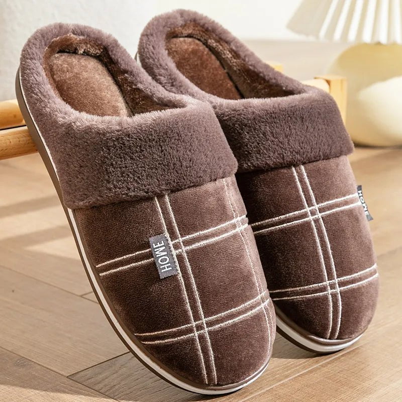Storazone brown / 42-43(25.1-26CM) Large size 50-51 Plaid House Slippers for Man Memory Foam Winter Plush Indoor Male Shoes Warm Home Slippers 2023 Non Slip Black