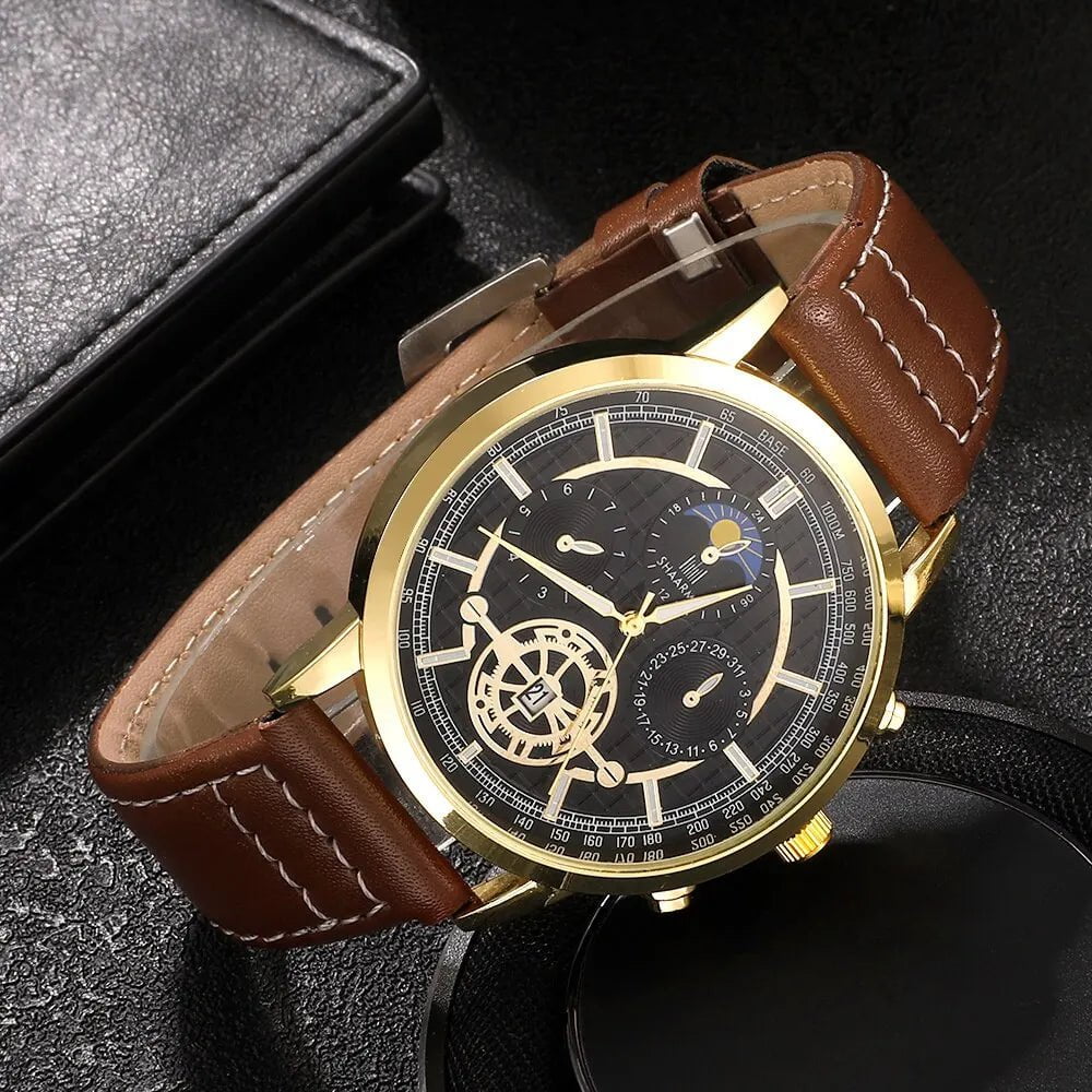 Storazone Brown 4PCS Set Men Watch Luxury Bracelet Set Fashion Business Brown Leather Quartz Wrist Watches for Men Gift Set Relogio Masculino