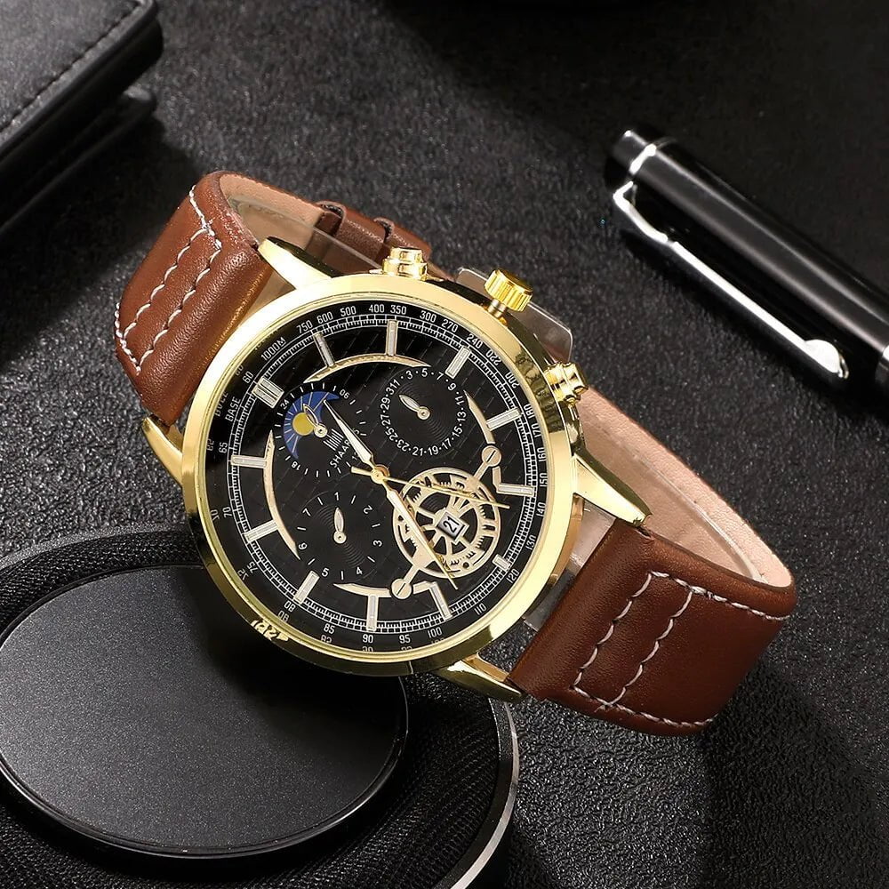 Storazone Brown 4PCS Set Men Watch Luxury Bracelet Set Fashion Business Brown Leather Quartz Wrist Watches for Men Gift Set Relogio Masculino