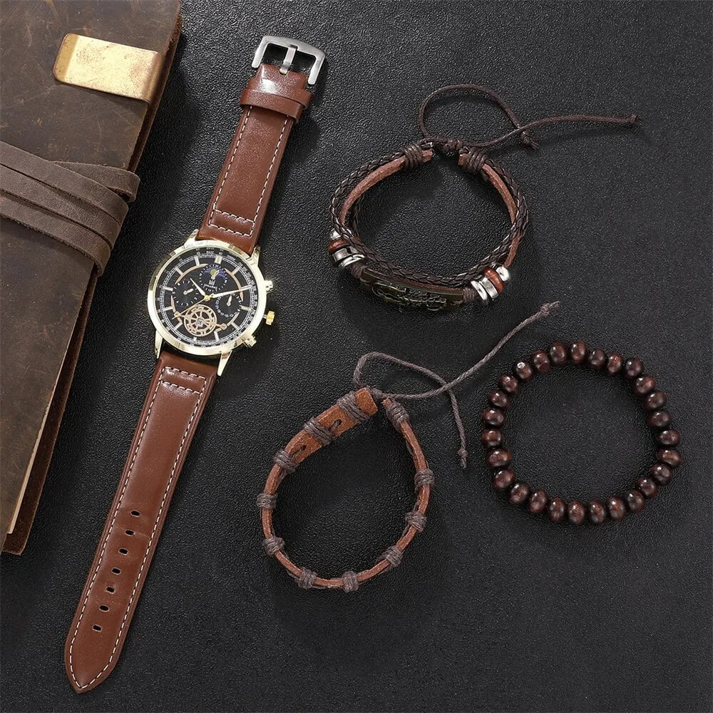 Storazone Brown 4PCS Set Men Watch Luxury Bracelet Set Fashion Business Brown Leather Quartz Wrist Watches for Men Gift Set Relogio Masculino