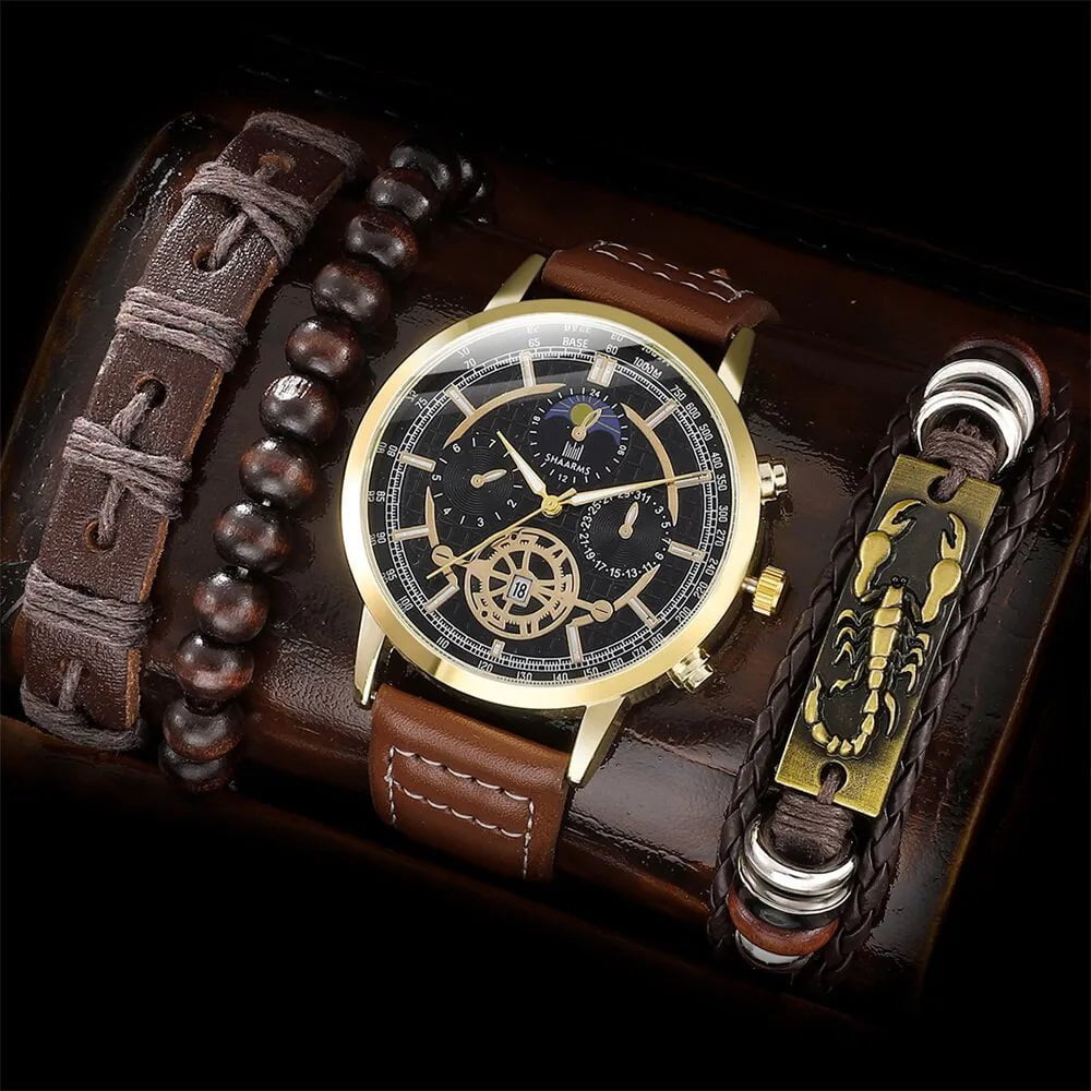 Storazone Brown 4PCS Set Men Watch Luxury Bracelet Set Fashion Business Brown Leather Quartz Wrist Watches for Men Gift Set Relogio Masculino