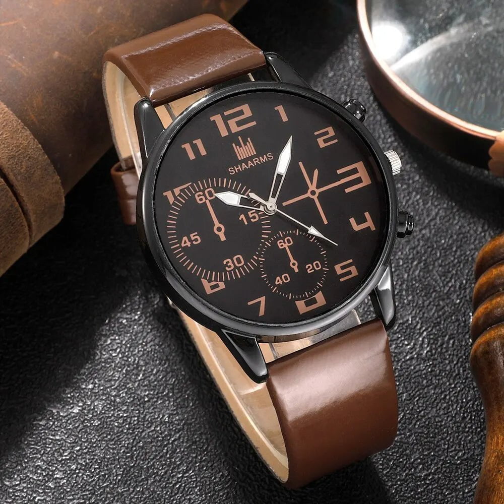 Storazone Brown 5PCS Set Fashion Mens Sports Bracelet Watches For Men Retro Big Dial Quartz Wrist Watch Classic Male Casual Brown Leather Watch