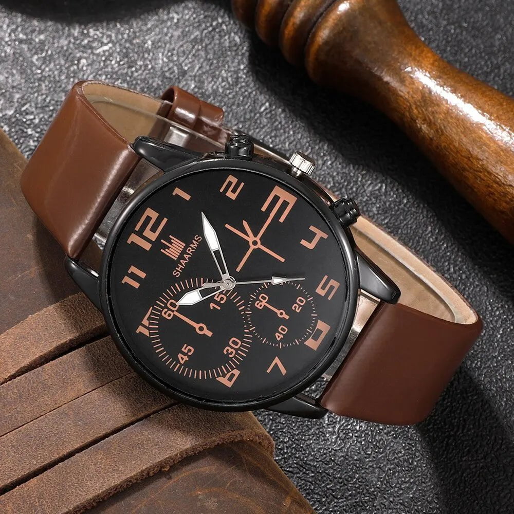 Storazone Brown 5PCS Set Fashion Mens Sports Bracelet Watches For Men Retro Big Dial Quartz Wrist Watch Classic Male Casual Brown Leather Watch