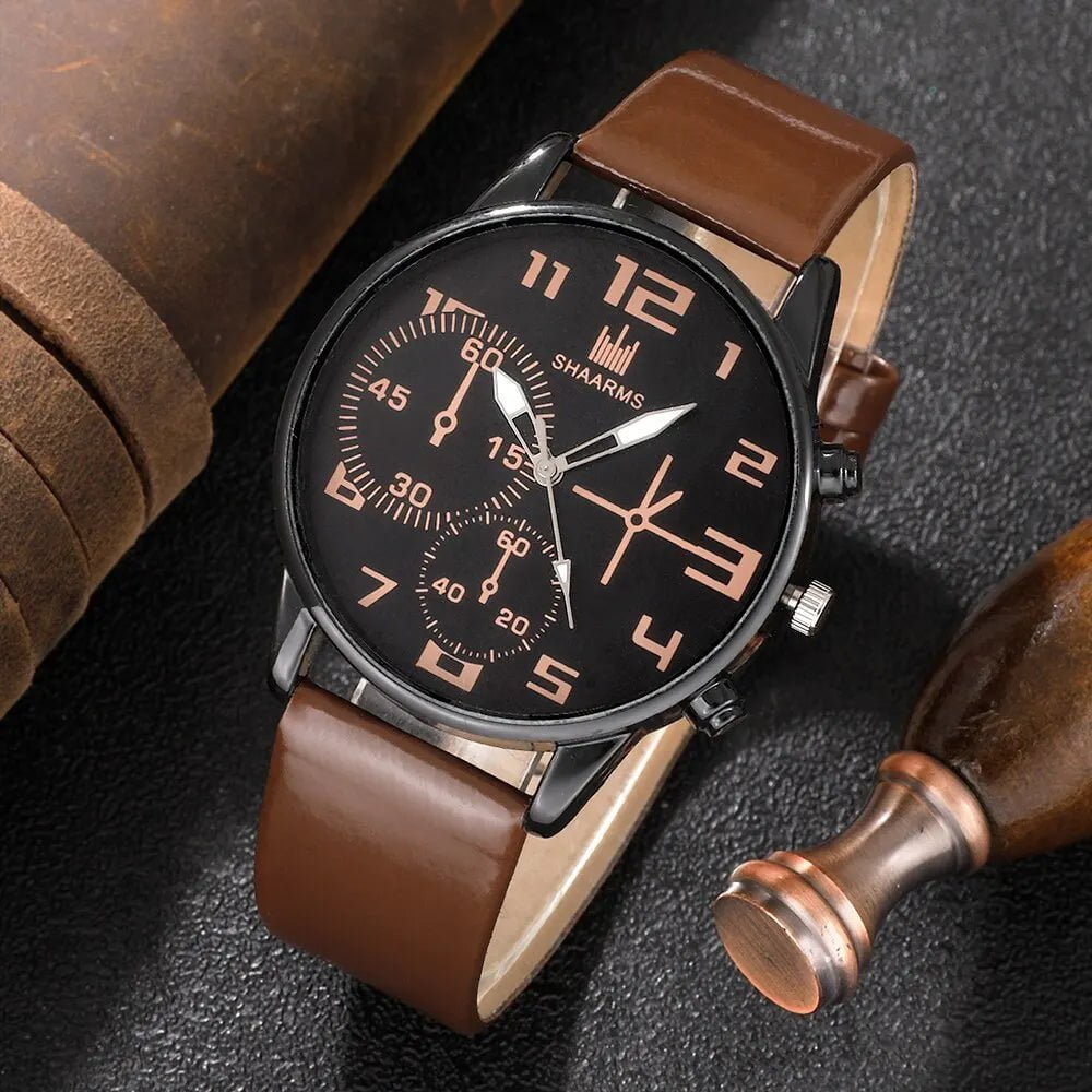 Storazone Brown 5PCS Set Fashion Mens Sports Bracelet Watches For Men Retro Big Dial Quartz Wrist Watch Classic Male Casual Brown Leather Watch