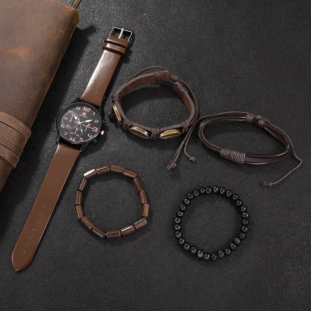 Storazone Brown 5PCS Set Fashion Mens Sports Bracelet Watches For Men Retro Big Dial Quartz Wrist Watch Classic Male Casual Brown Leather Watch