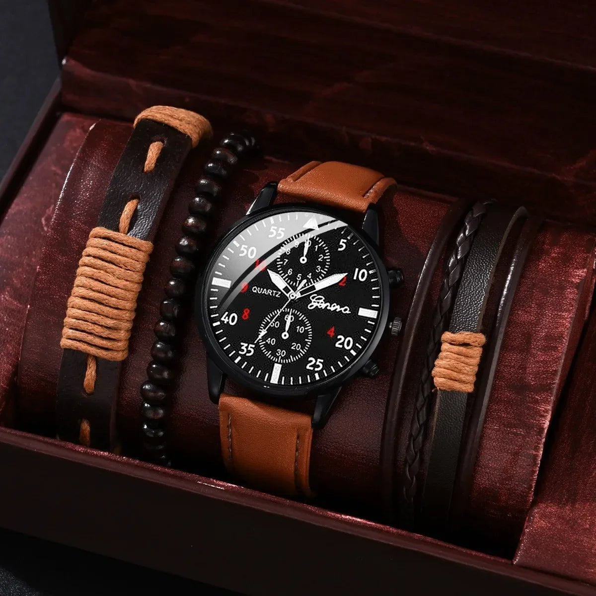 Storazone Brown Black Sets 4/2/1pcs Men Sports Watches Set Man Business Quartz Wristwatch Luxury Brown Leather Bracelet Men Casual Clock Watch（no Box）