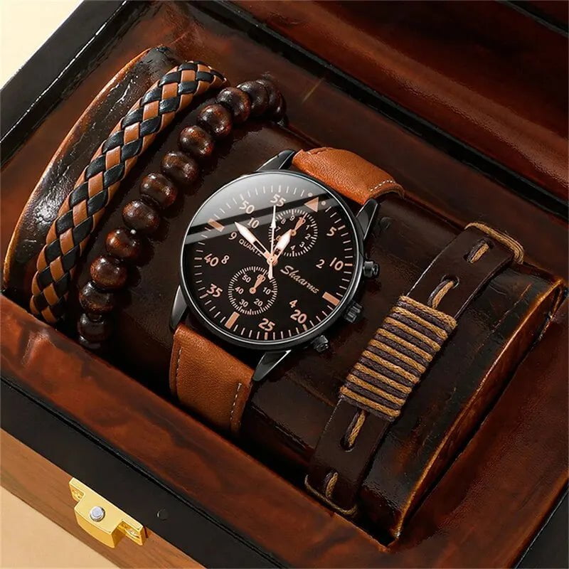 Storazone Brown New Men Watch Luxury Bracelet Set Fashion Business Brown Leather Quartz Wrist Watches for Men Gift Set Relogio Masculino