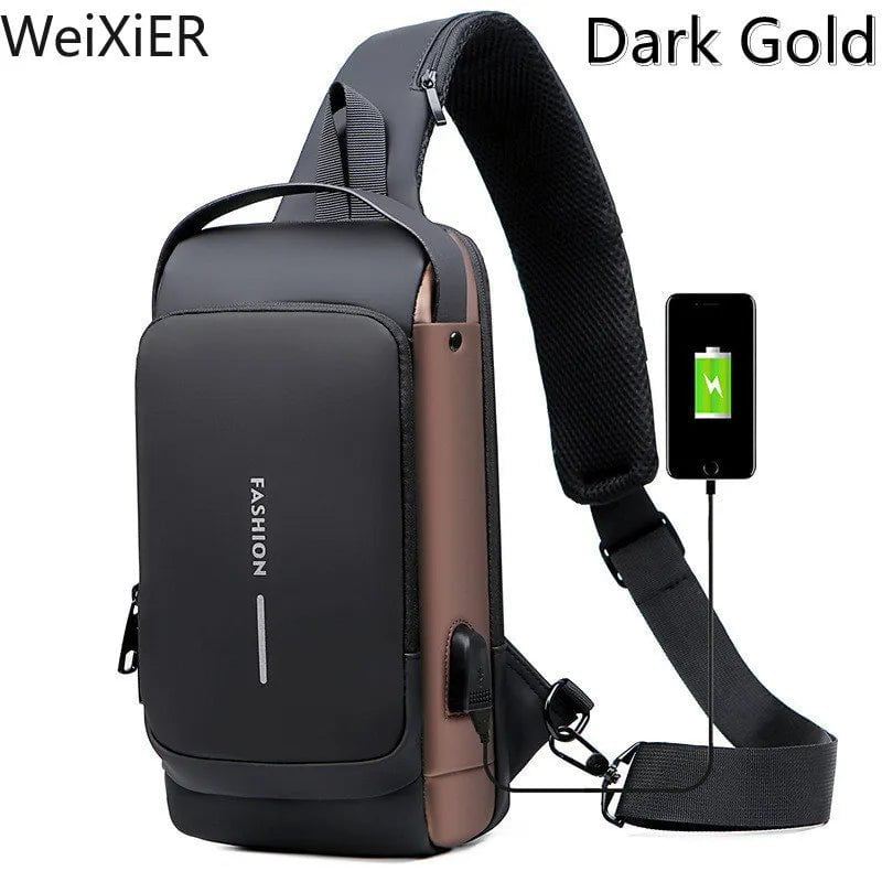 Storazone Brown Newest Men Anti Theft Chest Bag Shoulder USB Charging Crossbody Package School Short Trip Messengers Gym Men's Sling Sports Pack