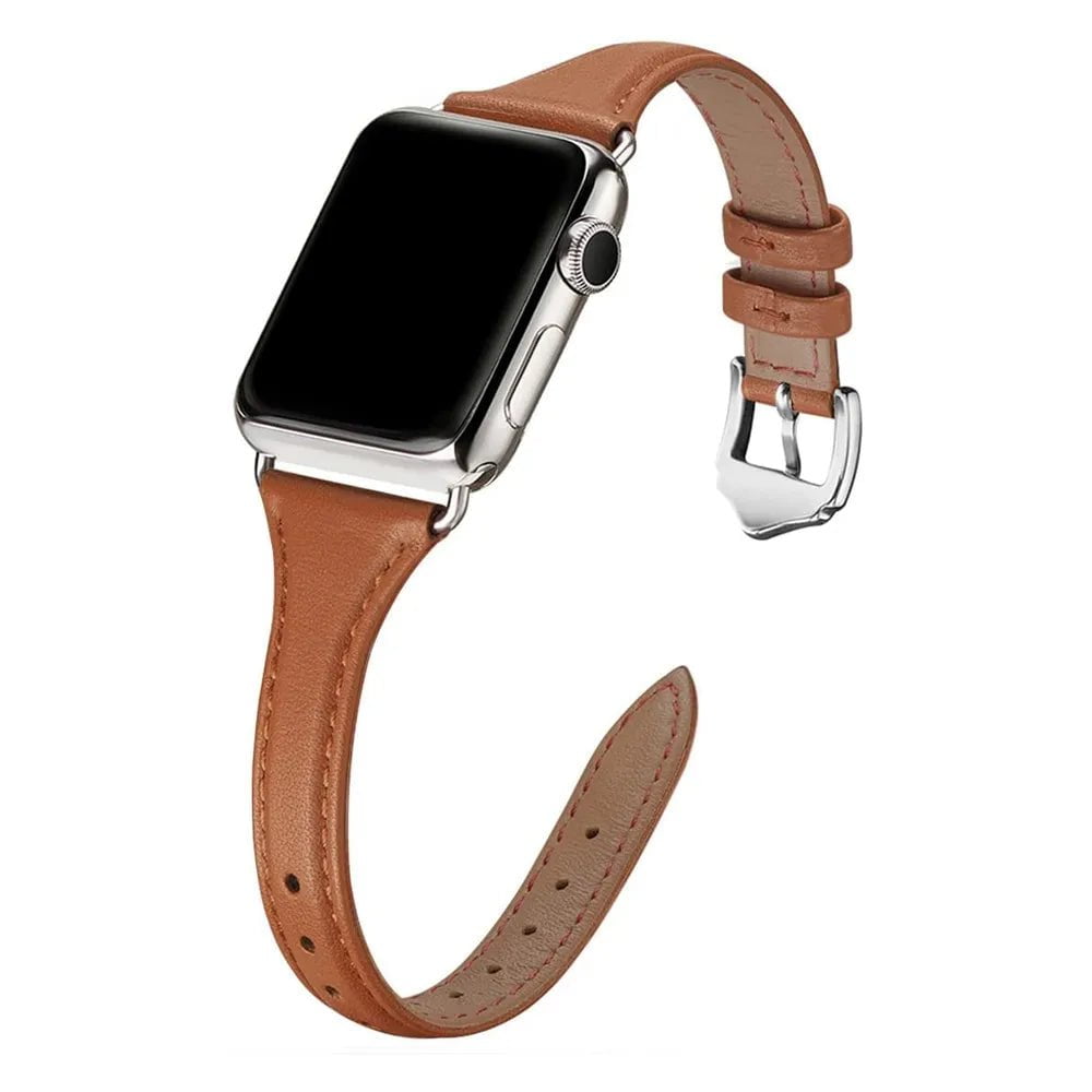 Storazone Brown Silver / 38mm or 40mm or 41mm Women Thin Leather Band for Apple Watch 38mm 40mm 41mm Slim Colorful Wristband Strap for iWatch SE 7/6/5/4/3/2/1 Bracelet