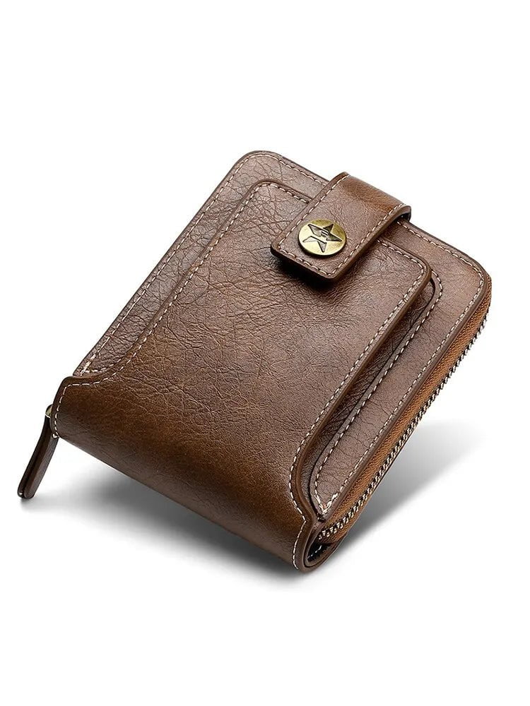 Storazone Brown Vintage Men Pu Leather Small Wallet Short Horizontal Zipper Buckle Coin Pocket Tri-fold Card Case Purse
