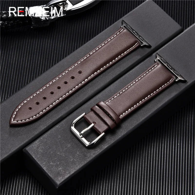 Storazone Brown-W-B / 38mm or 40mm or 41mm Calfskin Genuine Leather Watchband 38mm 40mm 41mm for iwatch 8 7 6 5 4 3 SE Replace Wrist Strap 42mm 44mm 45mm for Apple Watch