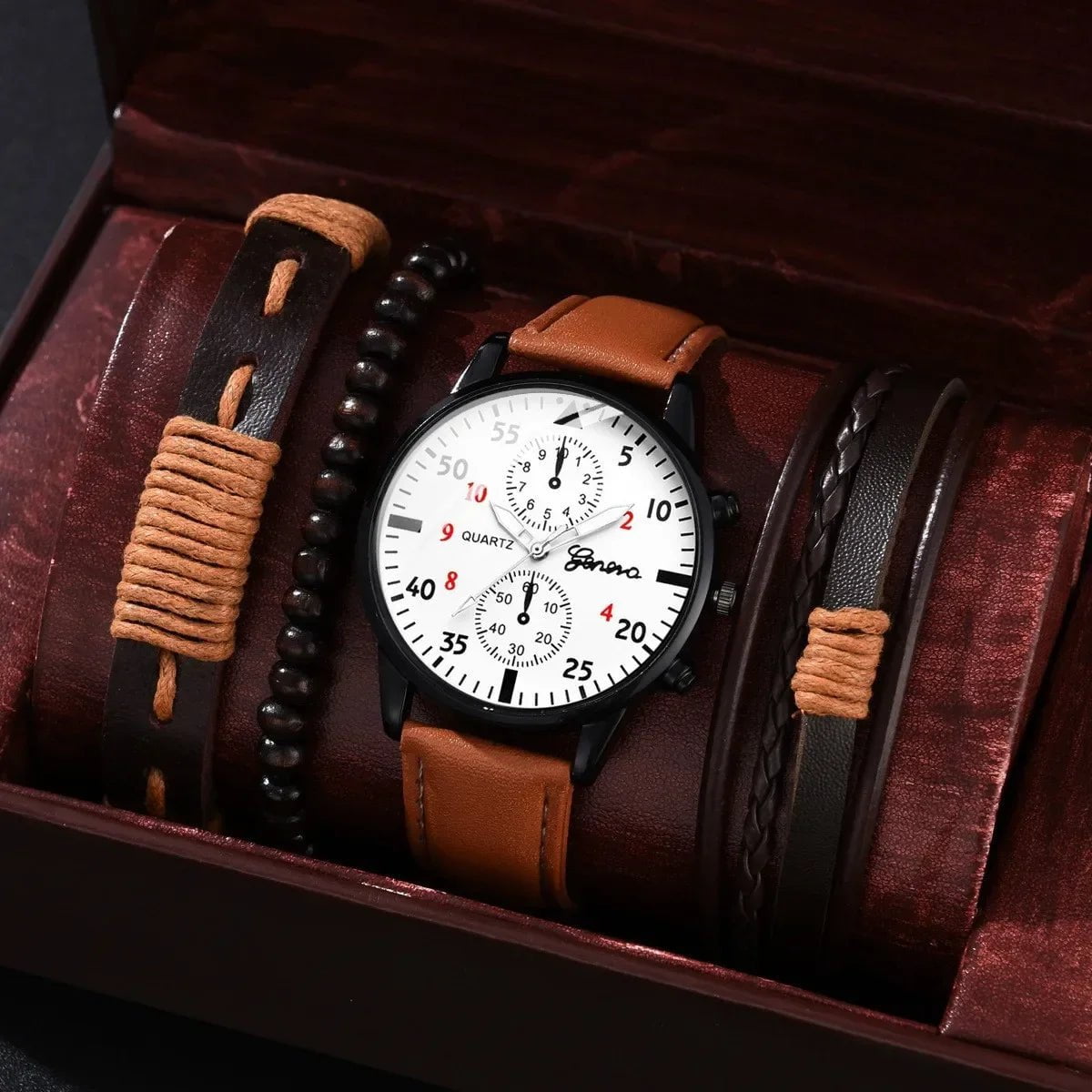 Storazone Brown White Sets 4/2/1pcs Men Sports Watches Set Man Business Quartz Wristwatch Luxury Brown Leather Bracelet Men Casual Clock Watch（no Box）