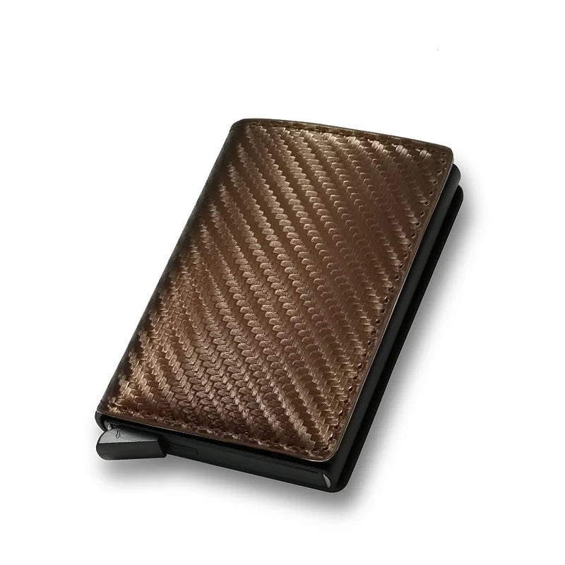 Storazone brown01 Slim Aluminum Wallet with Elasticity Back Pouch ID Credit Card Holder Mini RFID Wallet Automatic Pop Up Bank Card Case Men Purse