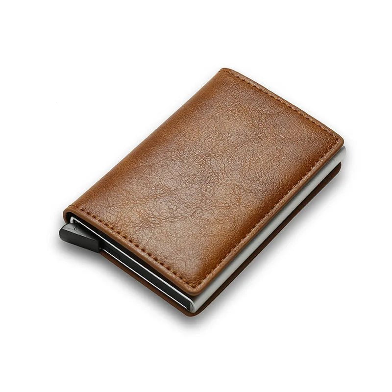 Storazone brown1 Slim Aluminum Wallet with Elasticity Back Pouch ID Credit Card Holder Mini RFID Wallet Automatic Pop Up Bank Card Case Men Purse