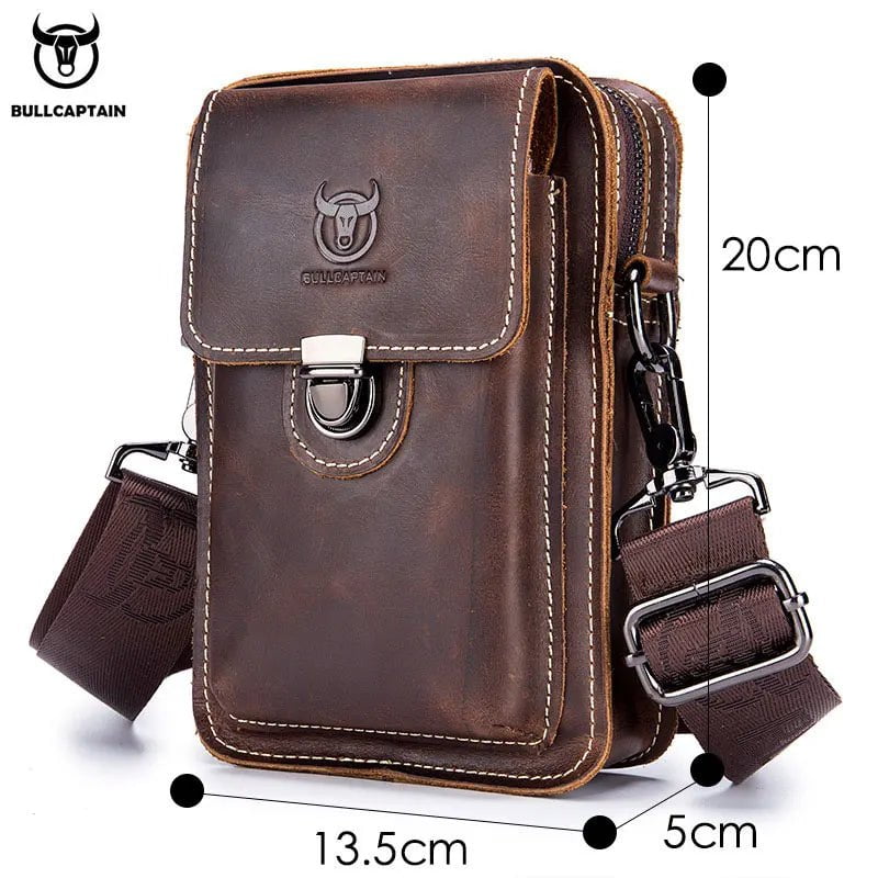 Storazone BULLCAPTAIN Crazy Horse Leather Male Waist Pack Phone Pouch Bags Waist Bag Men's Small Chest Shoulder Belt Bag Back Pack YB075
