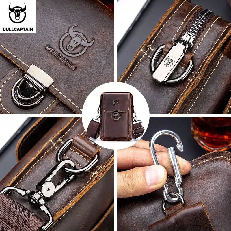 Storazone BULLCAPTAIN Crazy Horse Leather Male Waist Pack Phone Pouch Bags Waist Bag Men's Small Chest Shoulder Belt Bag Back Pack YB075